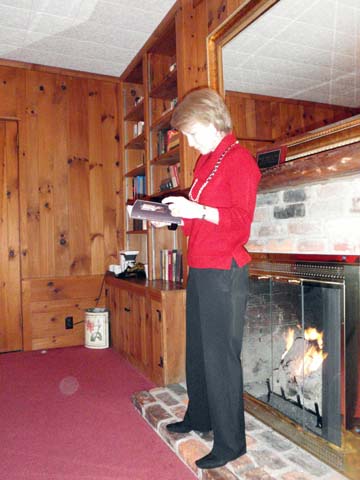 Susan by the fire in the Oak Leaves Suite.